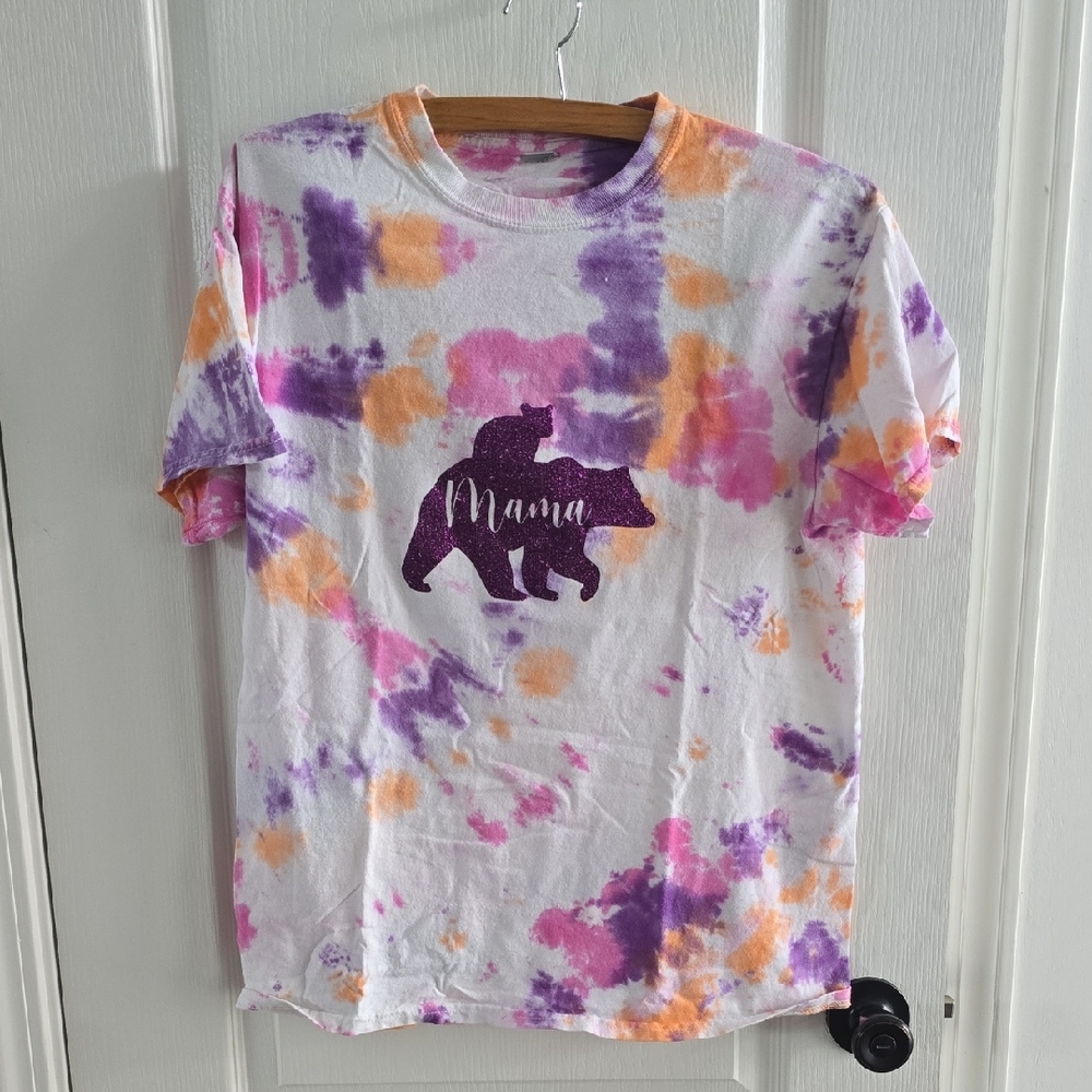 Gildan Purple and Orange Tie-Dye Mama Bear Tee - Picture 1 of 3